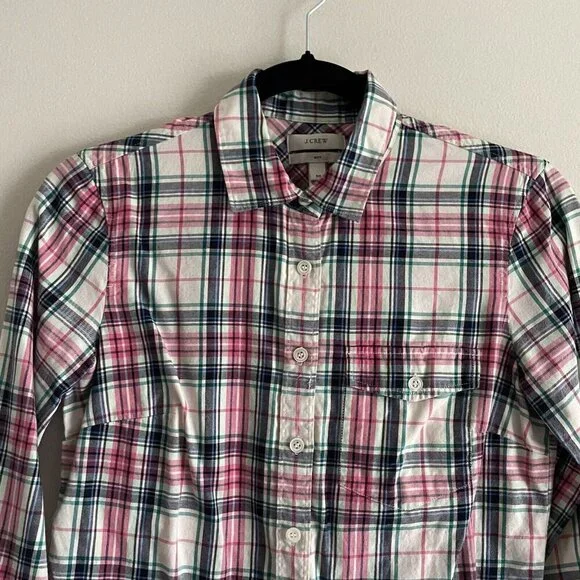 J.Crew Women 00 Mint Strawberry Plaid Cotton Preppy Button Front Boy Shirt - Picture 6 of 11